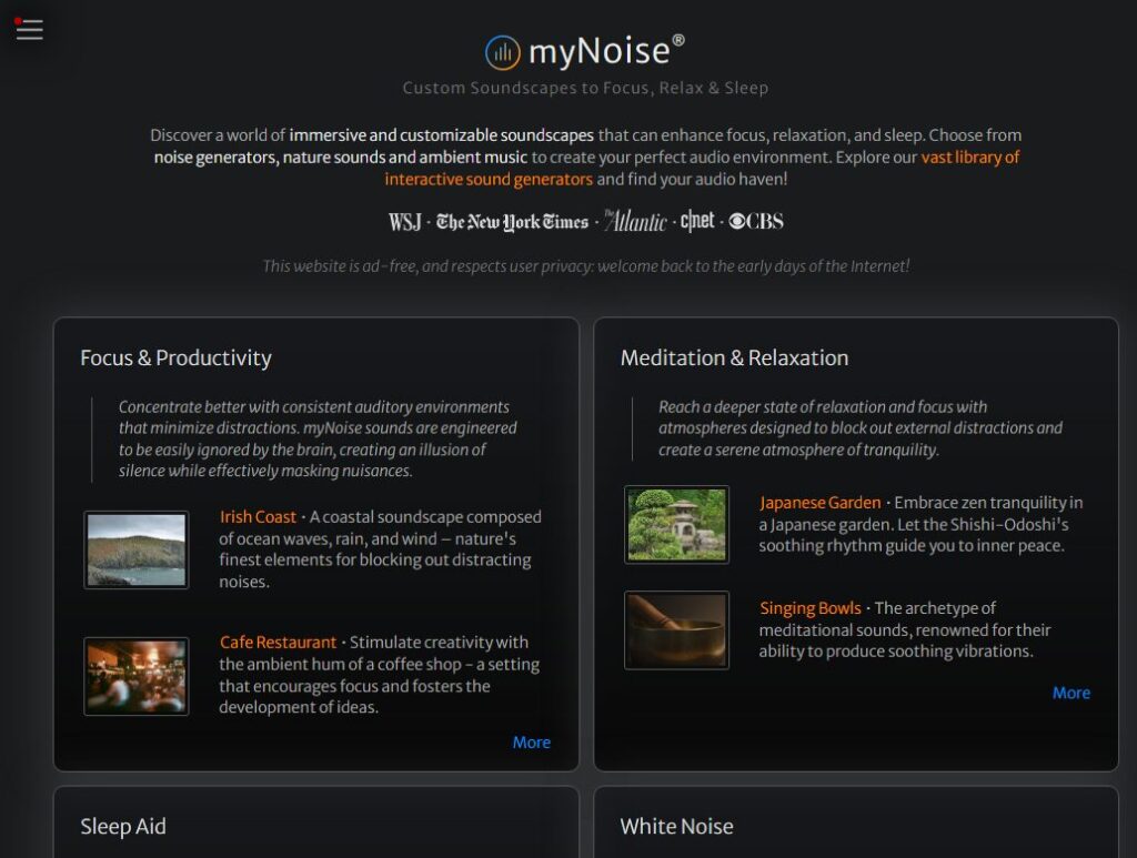 MyNoiseホーム画面