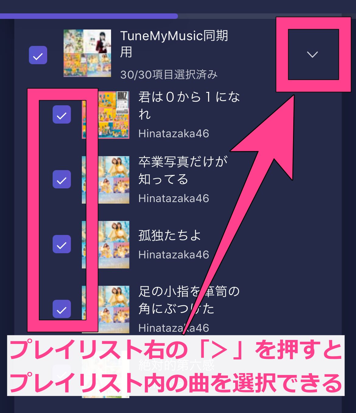 TuneMyMusic　プレイリスト移行手順　プレイリストの「＞」　プレイリスト内の楽曲選択