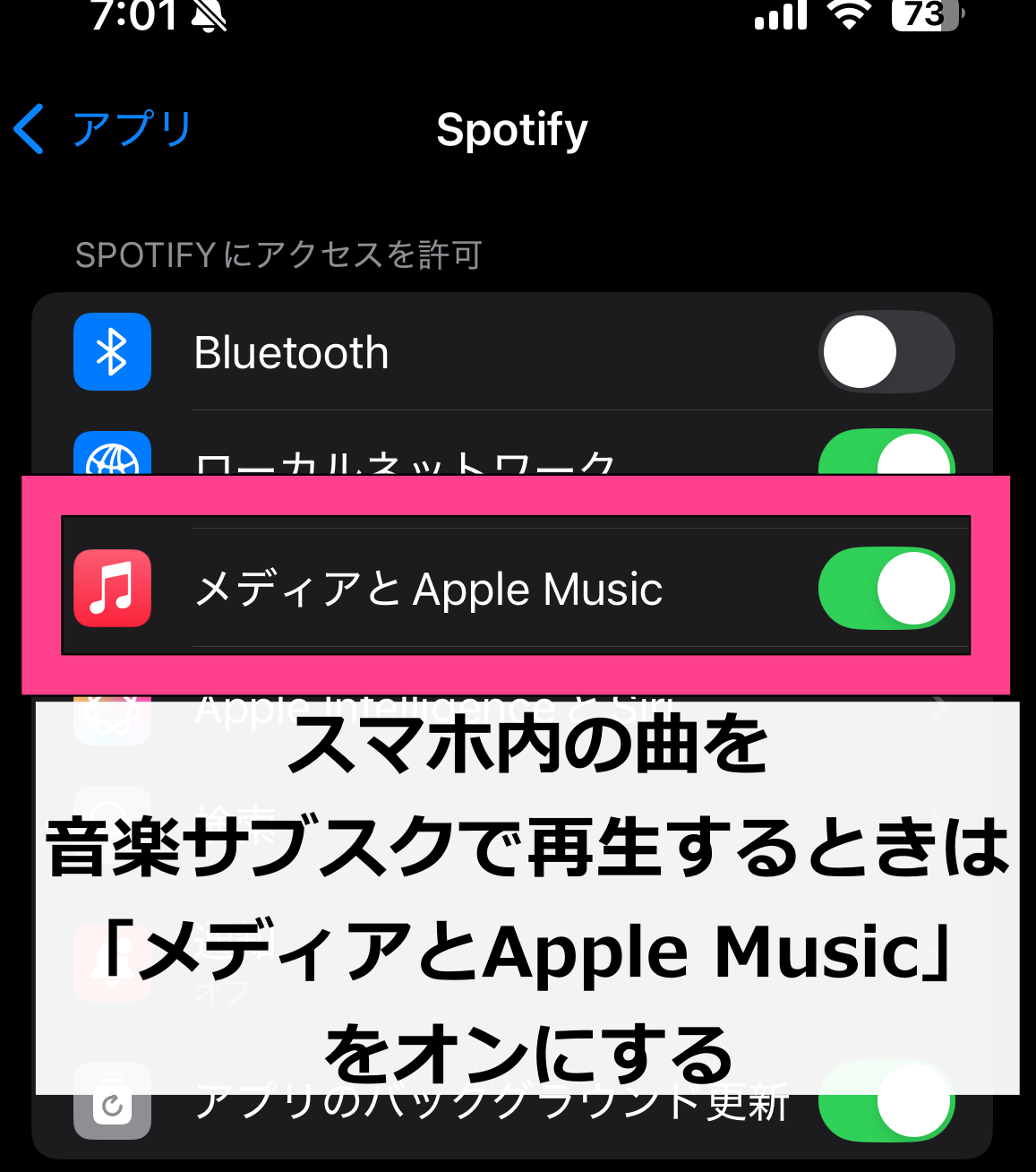 スマホ内 楽曲 音楽サブスク 読み込み 設定 「メディアとApple Music」