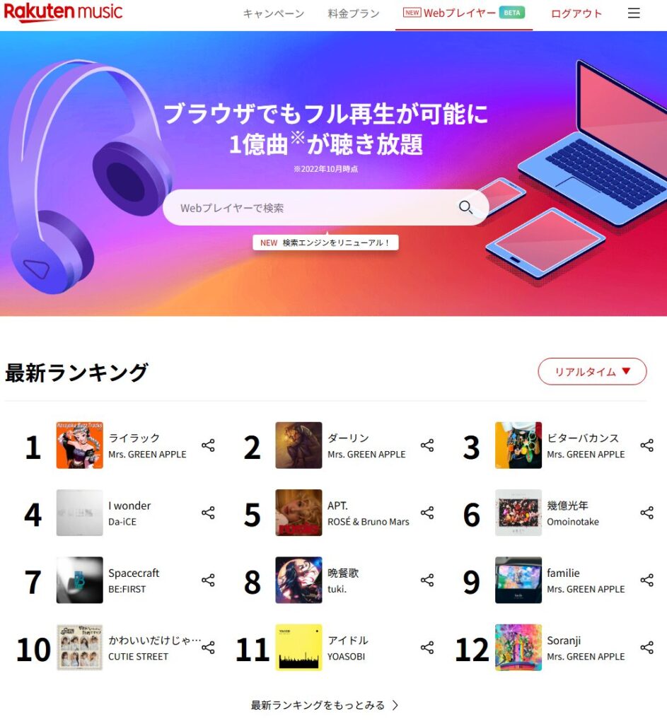 楽天ミュージック　パソコン版　利用画面　かなり使いづらい
