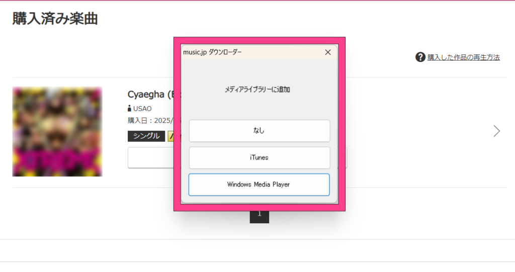 music.jp　パソコンでのダウンロード　メディアライブラリへの追加有無選択
