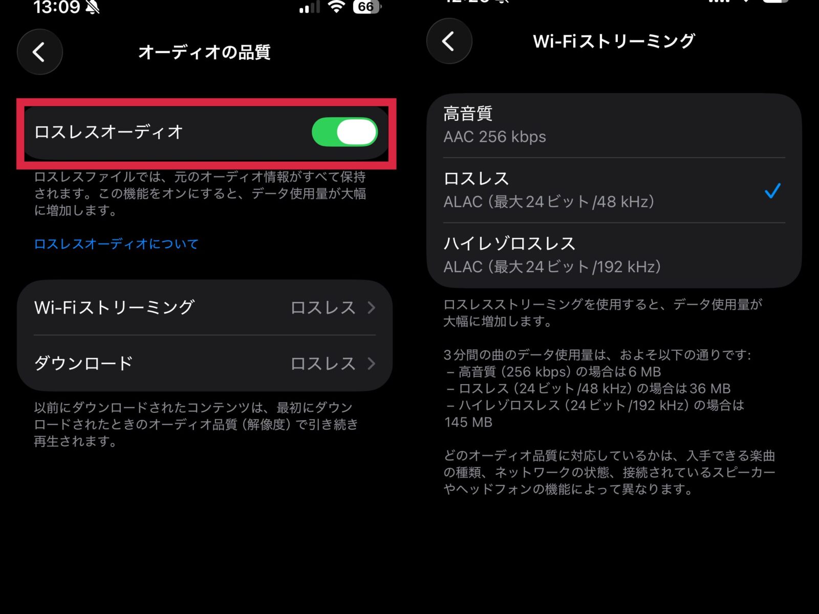 Apple Music 音質 設定 方法 手順 その2 ハイレゾ ロスレス